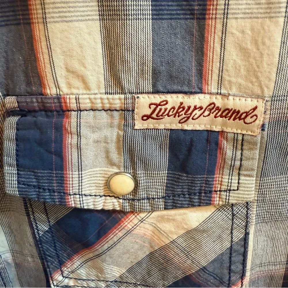 Lucky Brand Western-Style Blue and Pink Button Down Shirt with Pearl Buttons